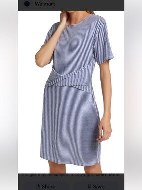Theory Front Twist Striped T Shirt Dress SZ L Blue Short Sleeve Cotton Linen